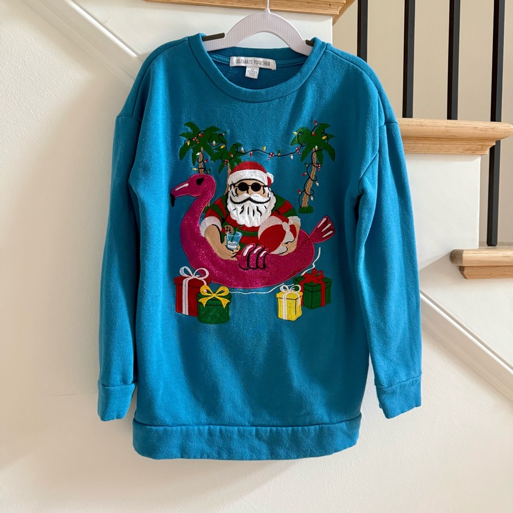 Celebrate Together Blue Sparkle Pink Flamingo Santa Holiday Christmas Sweatshirt